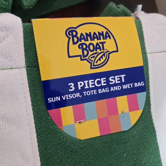 Banana Boat 3 Pc Beach Set Terry Cloth Large Tote Visor Wet Bag Green White - Picture 13 of 14